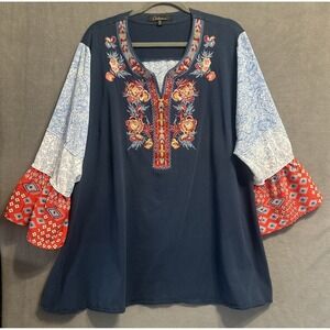 Calessa Patchwork Tunic Top Floral Embroidered Bell Sleeve Plus Size 3X Blue Red